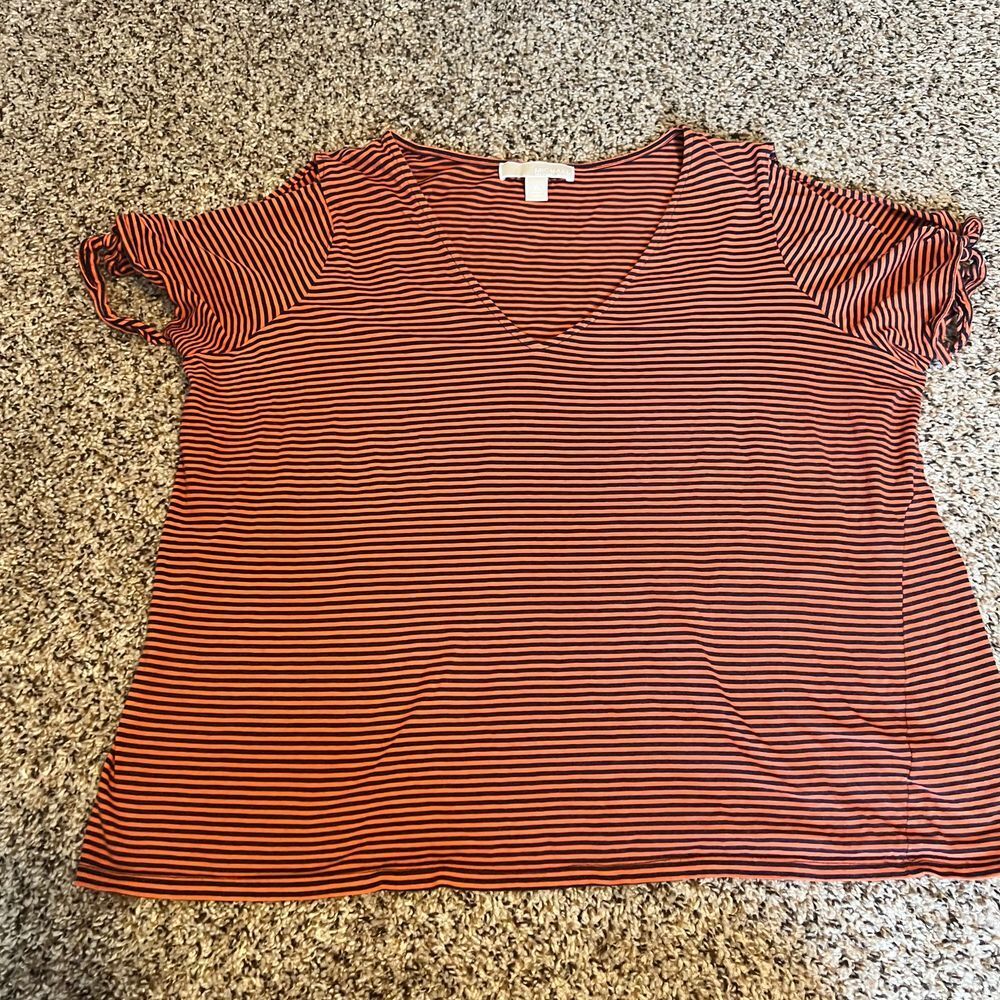 Michael Kors Orange & Blue Striped V-Neck Short Sleeve Top XL Casual‎ Summer